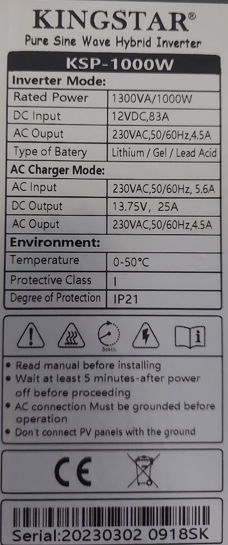 Kingstar 1000W Pure Sine Hybrid Inverter 12V DC