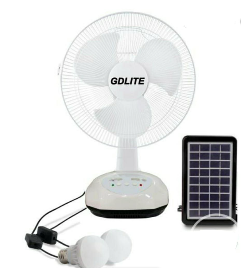 12" Rechargeable Fan With 2 LED Lights - Solar or AC/DC