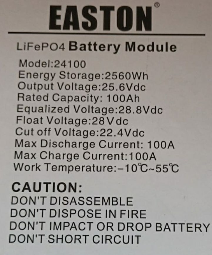 Easton 24V 100Ah (2.56kwH 25.6V) Lithium Battery LiFePO4 Rack Mount