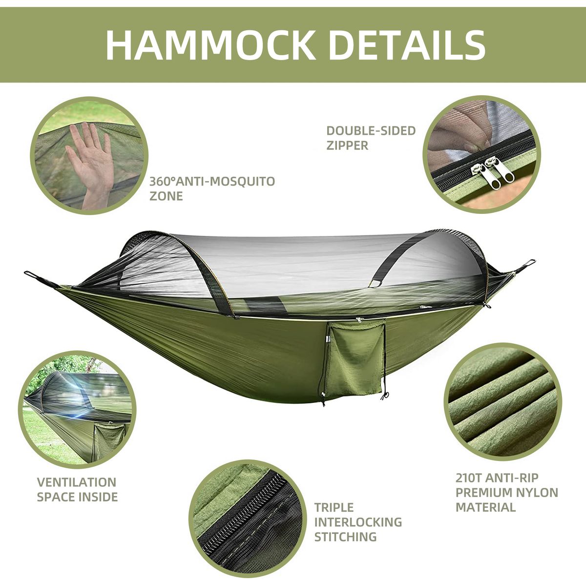 Portable Automatic Quick-opening Nylon Hammock with Mosquito Net-290x140cm