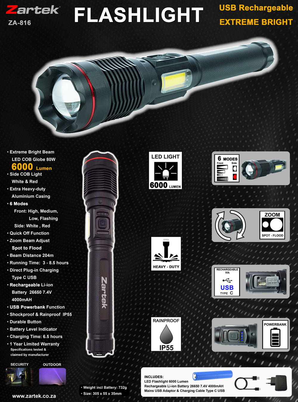 Zartek USB Rechargeable Extreme Bright LED Torch 6000 Lumen ZA-816