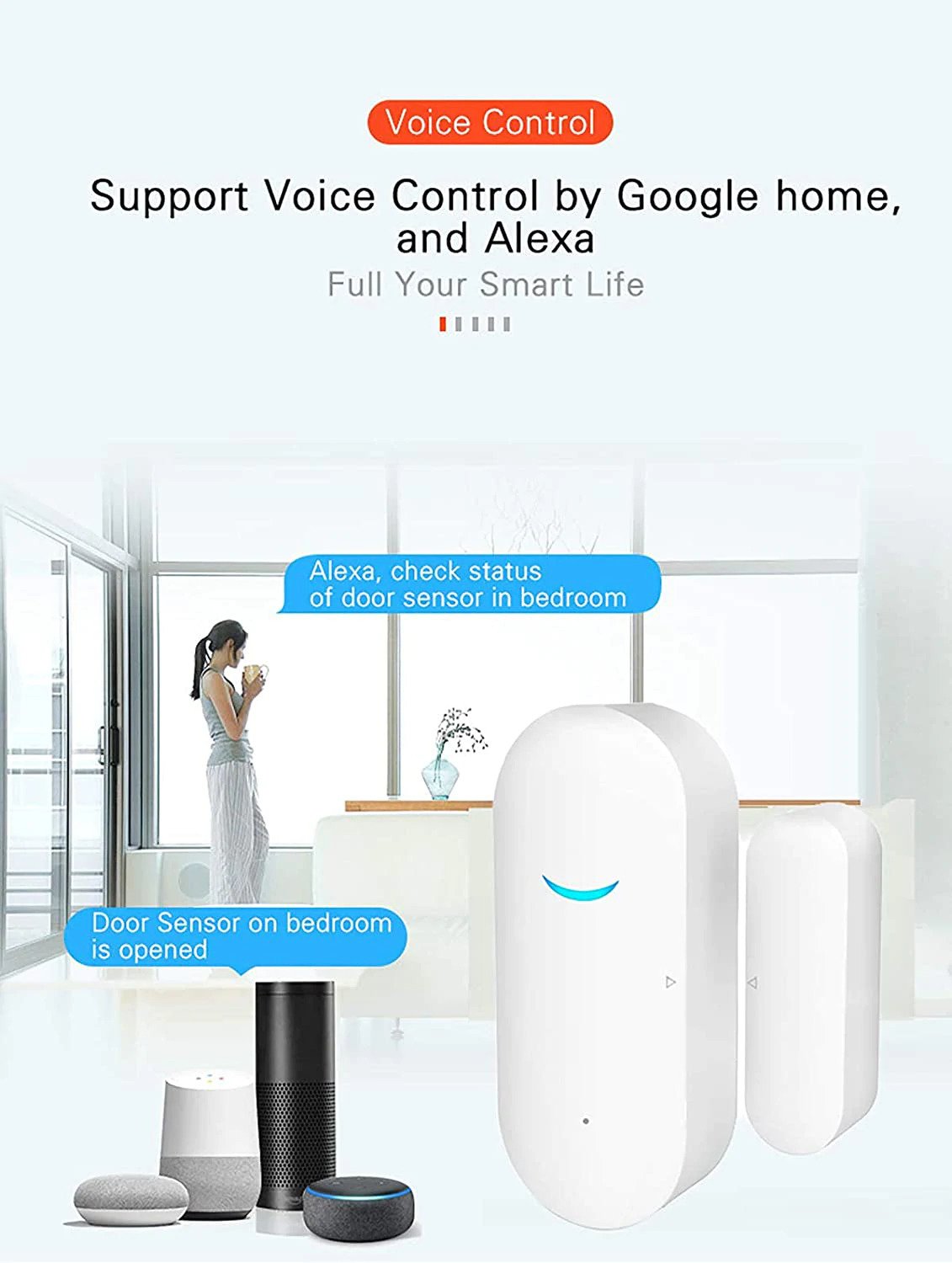 WiFi Wireless Door Window Sensor,TUYA Smart Alarm, Home Security Alarm System, Compatible with Alexa, Google Home, Siri