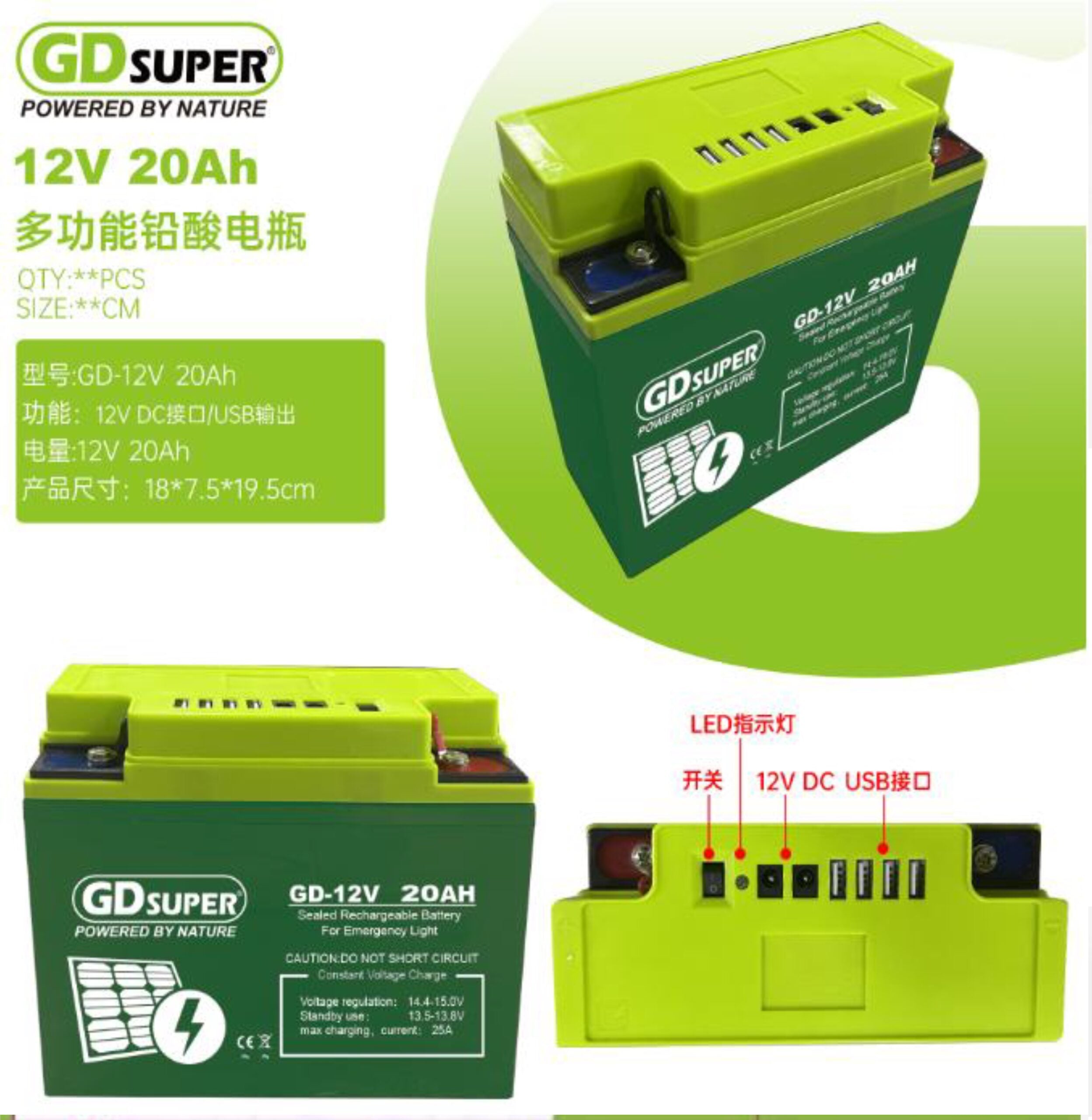 12V 20AH Battery with 4 USB Outputs and 2 x 12V DC Output