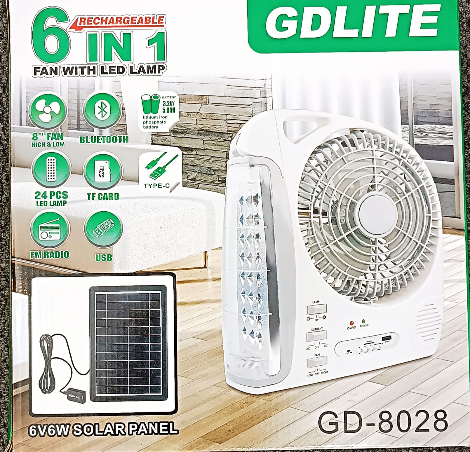 6 in 1 Solar Powered 8'' Fan with LED Lamp, Radio GD-8028