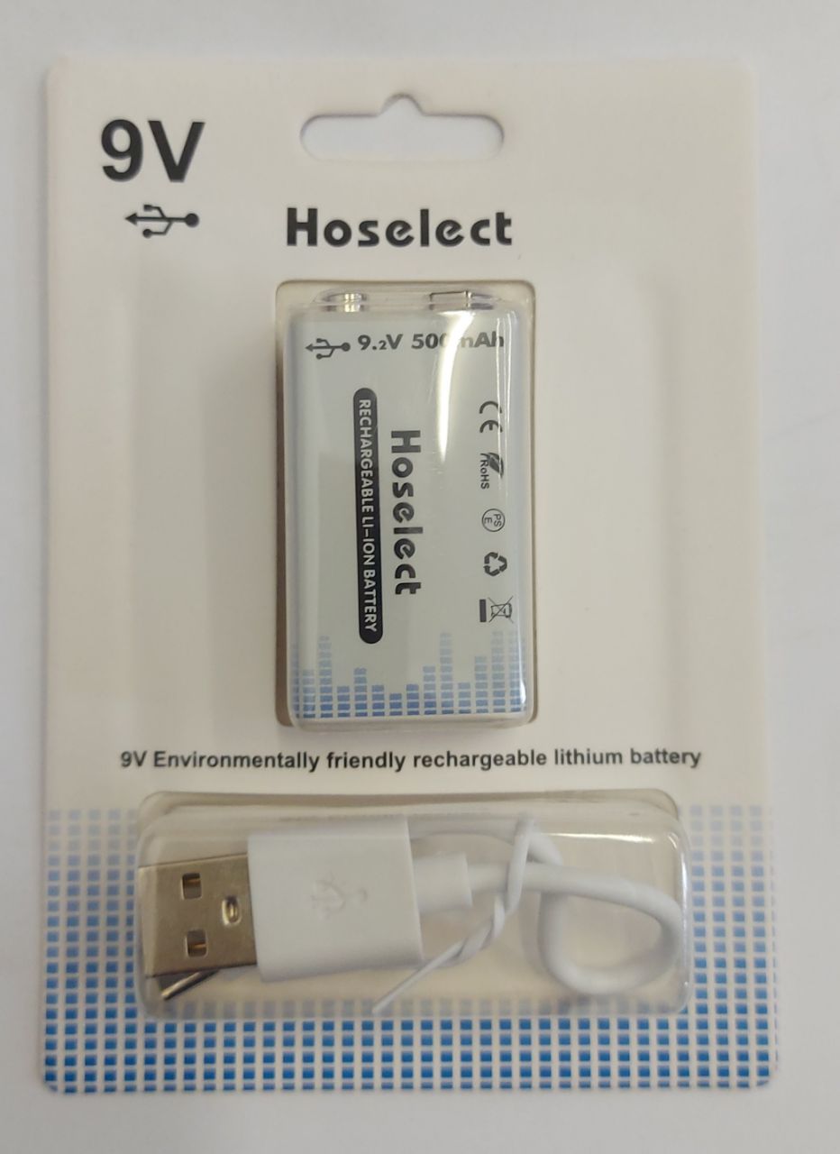 Hoselect 9V 500mAh Li-Ion Rechargeable Battery With Charger Cable