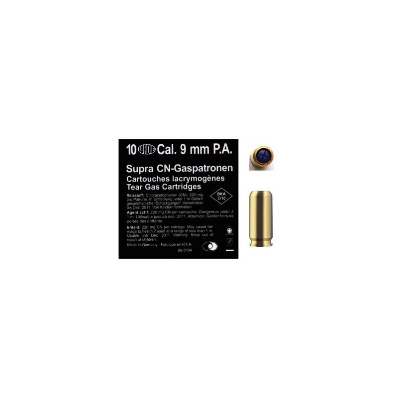 Wadie Teargas Cartridge 9mm for Blank Front firing Guns - Box of 10 (Contains nerve-paralyzing gas) PAK