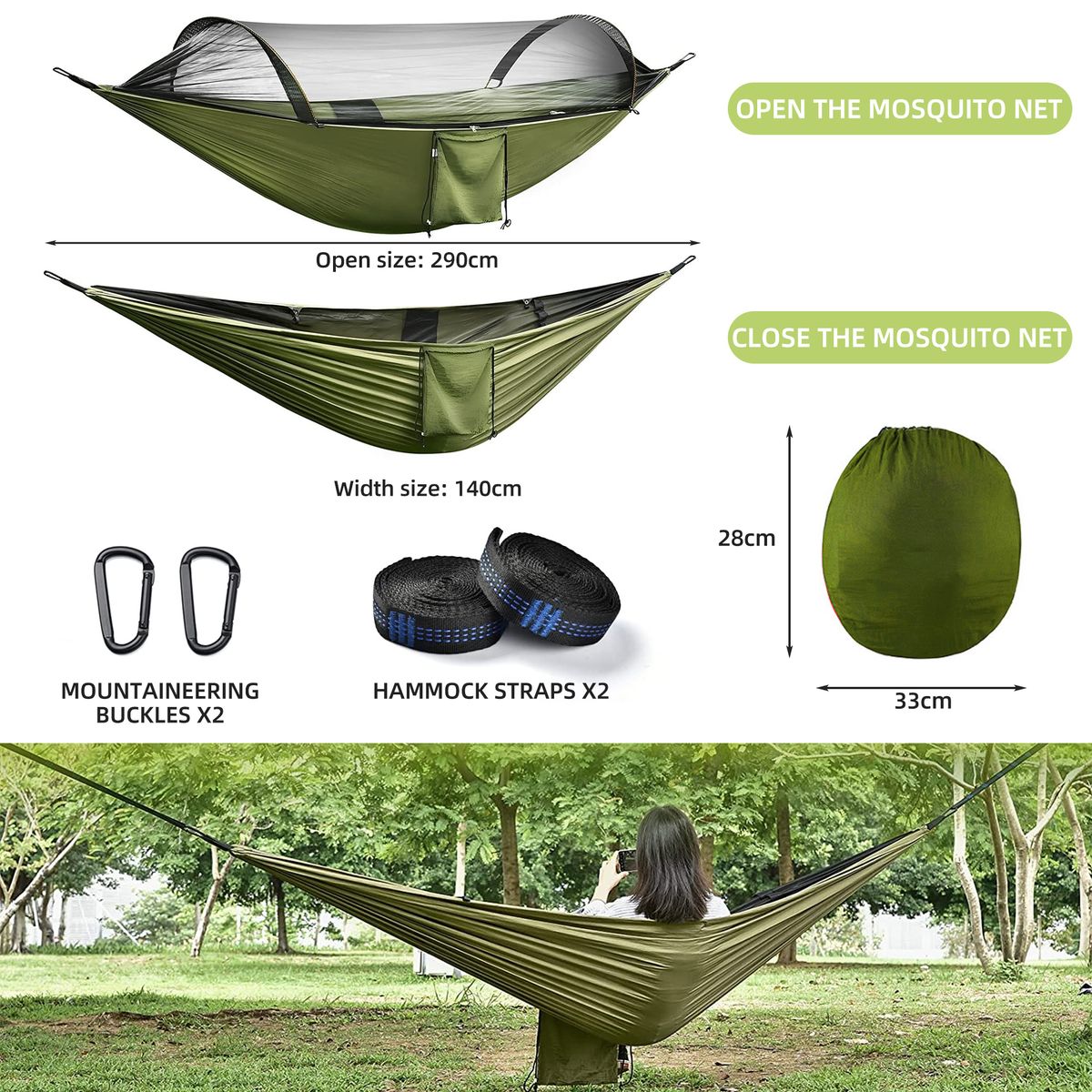 Portable Automatic Quick-opening Nylon Hammock with Mosquito Net-290x140cm