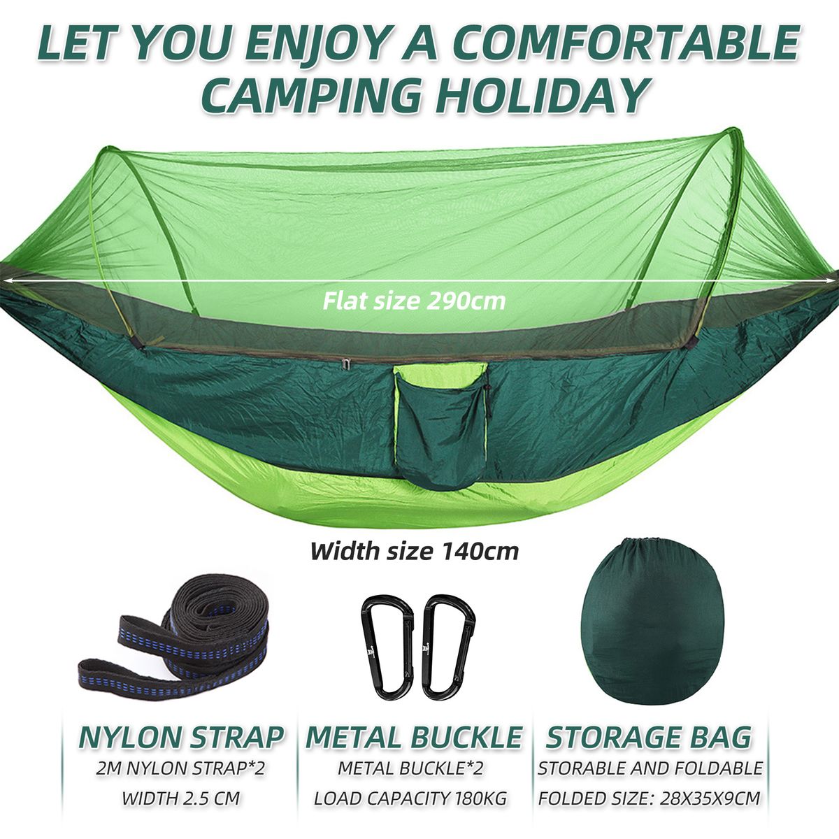 Portable Automatic Quick-opening Nylon Hammock with Mosquito Net-290x140cm