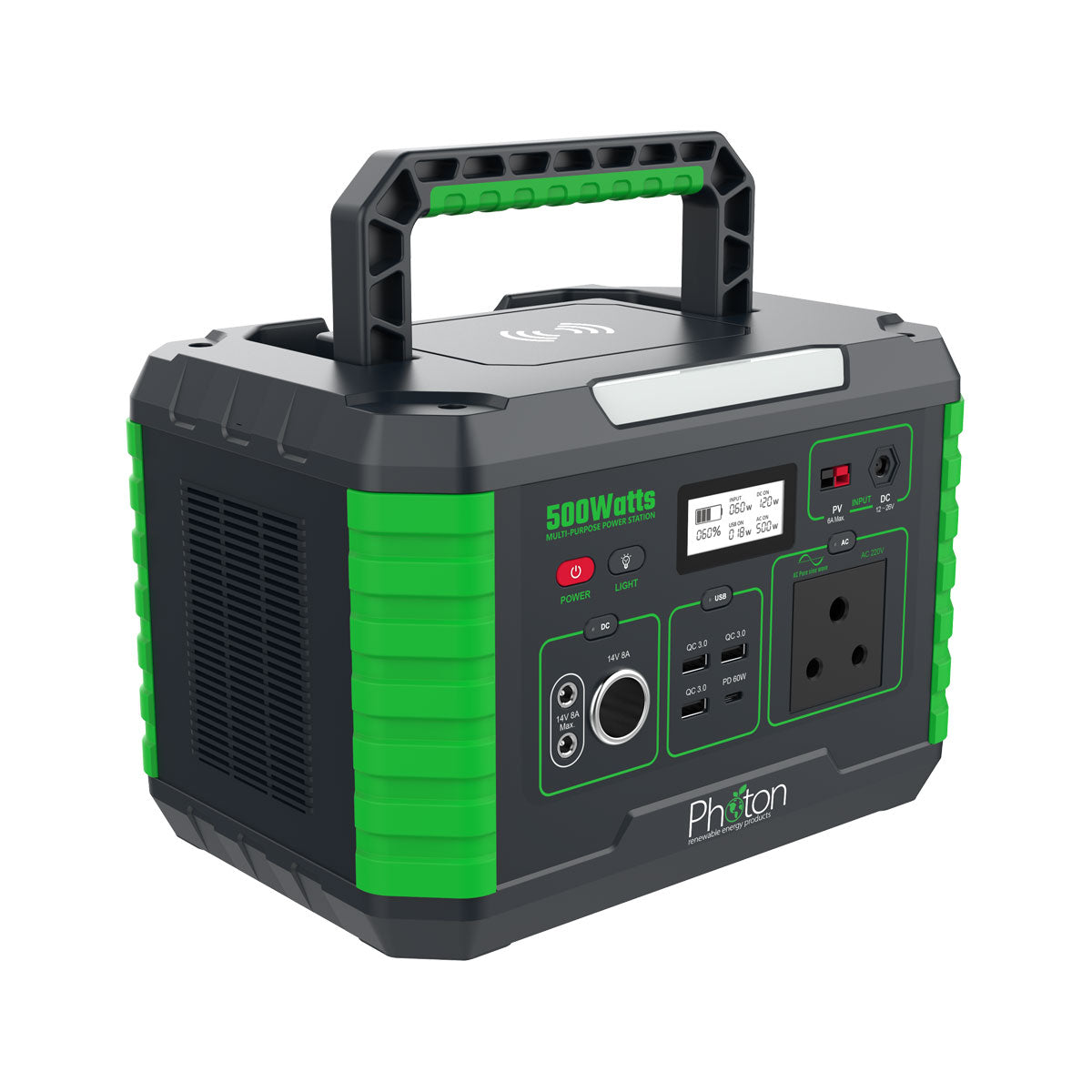 Photon Portable Power Station with 500W Inverter Built in | Charge by Wall/Car/Solar 3 USB & Car Lighter plug