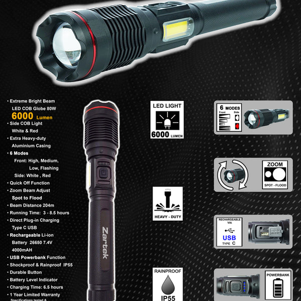 Zartek USB Rechargeable Extreme Bright LED Torch 6000 Lumen ZA-816